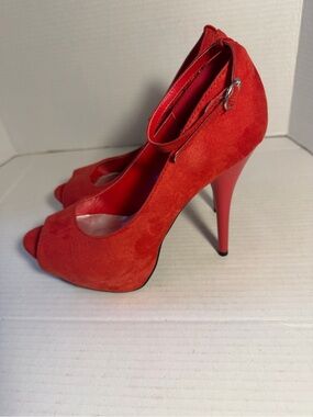 Dena London Red Faux Suede Peep-Toe Ankle Strap Stiletto Heels 9.5M